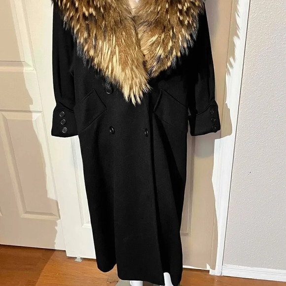 Vintage Gemini Black Full Length Wool Coat Finncoon Raccoon Fur Button Up Collar - Picture 7 of 10